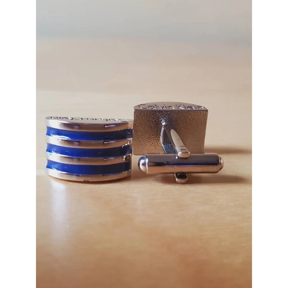 Calvin Klein Mens Silver Tone Cufflinks Blue Stripes Half Moon Shape Bullet Back